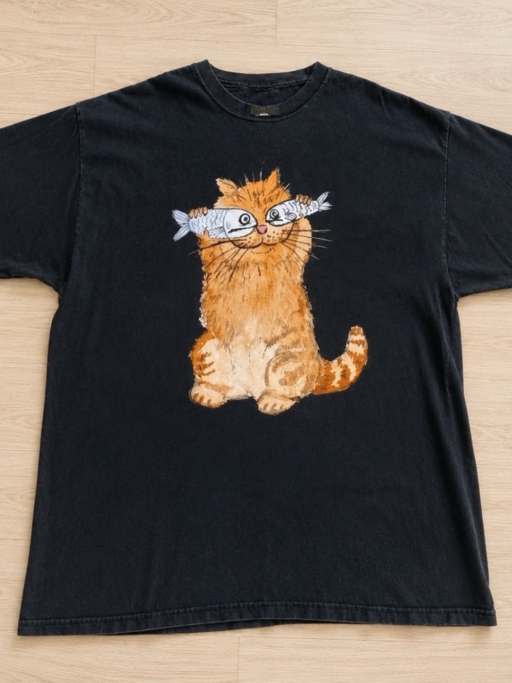 Gildan Black Tee with Orange Tabby Cat Fish Graphic